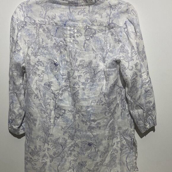 Malvin Women's White Blue Floral Print I Love Linen Button Up Blouse Size 8 - Picture 8 of 12